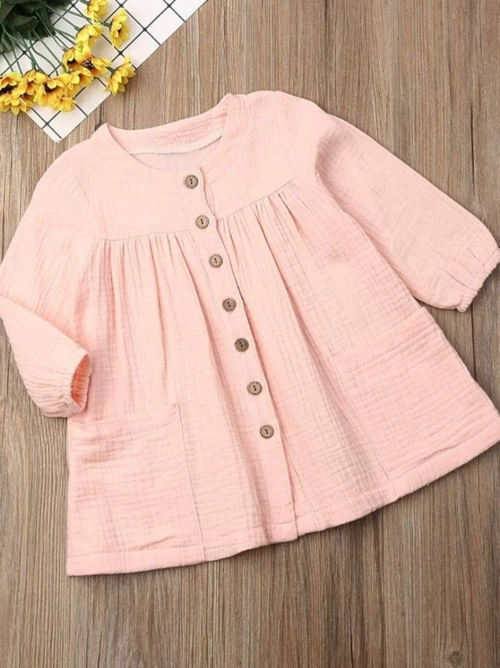 Boho Girl Pink Muslin Cotton Long Sleeve Dress Pockets Button Up Tunic Sz 6-7Y